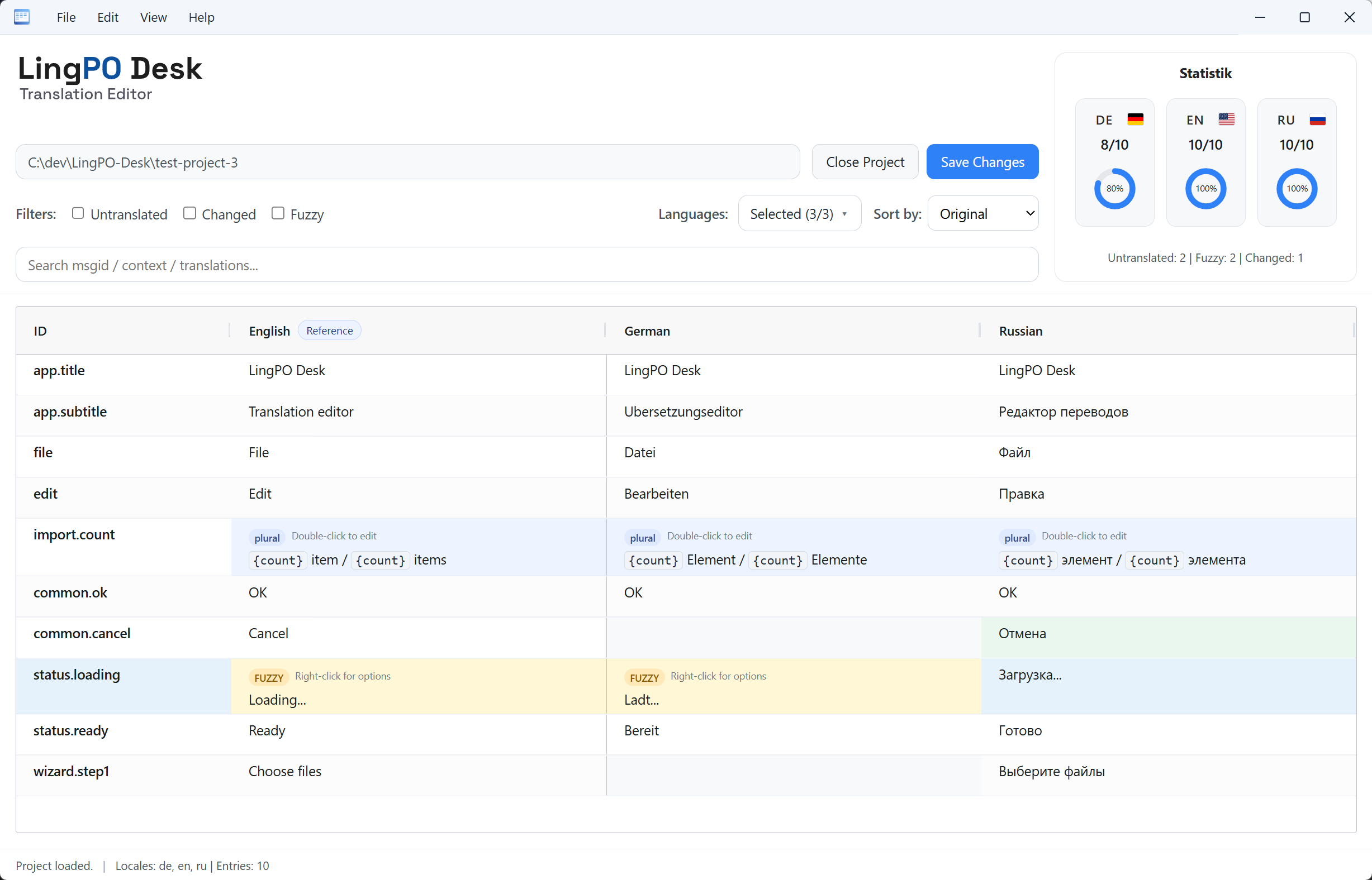 LingPO Desk screenshot with side-by-side locale editing